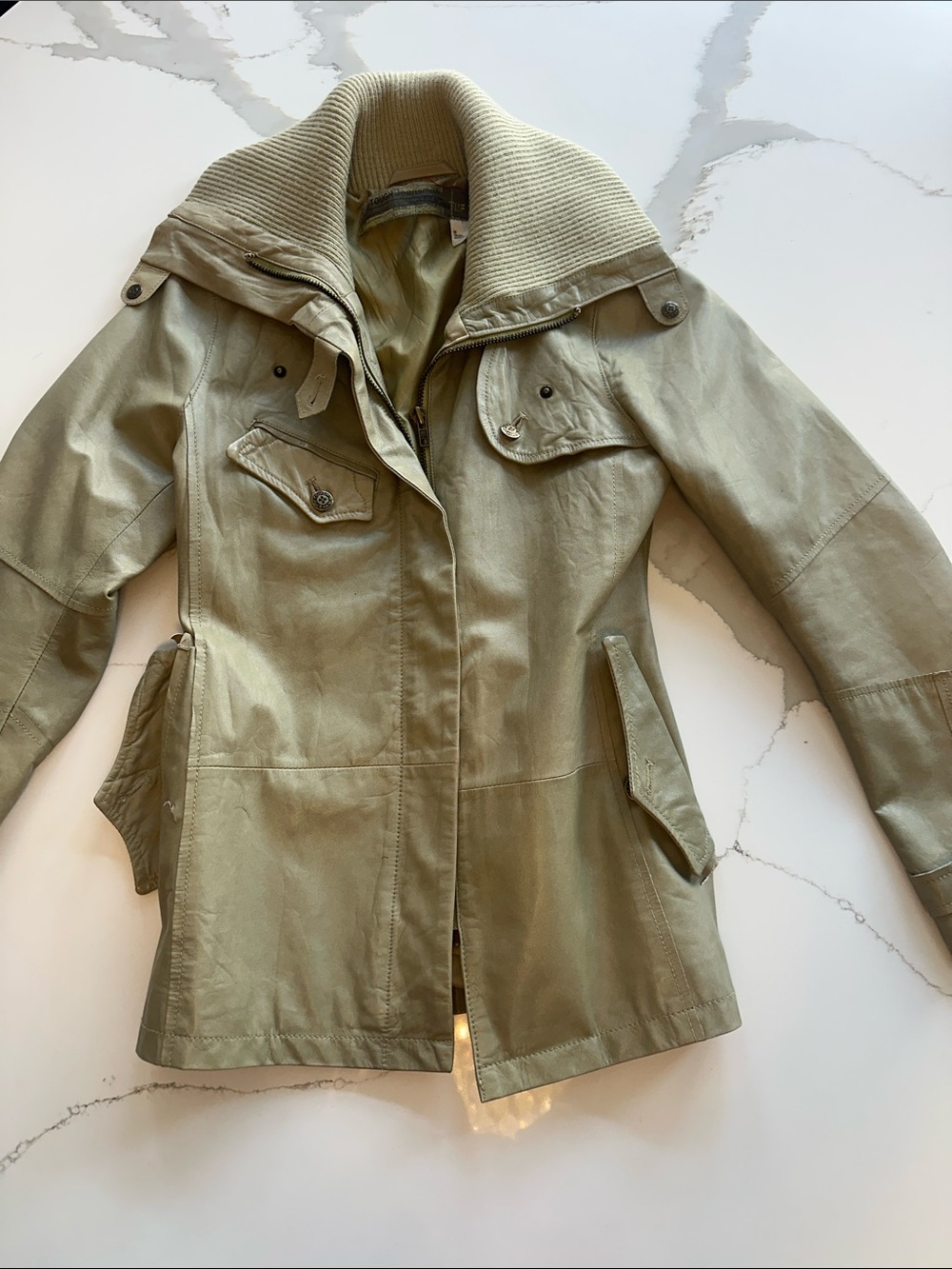 TOUGH JEANS Leather Jacket with Ribbed Funnel Collar
